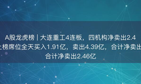 A股龙虎榜 | 大连重工4连板，四机构净卖出2.48亿，上榜席位全天买入1.91亿，卖出4.39亿，合计净卖出2.46亿