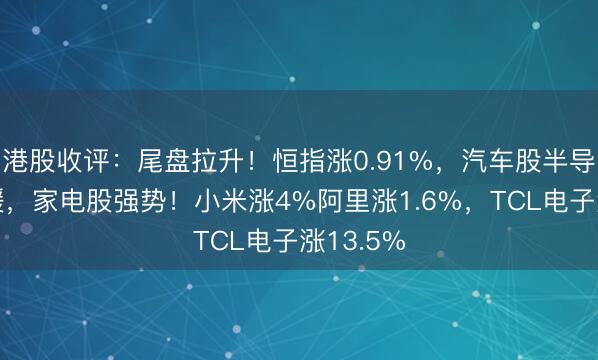 港股收评：尾盘拉升！恒指涨0.91%，汽车股半导体股回暖，家电股强势！小米涨4%阿里涨1.6%，TCL电子涨13.5%